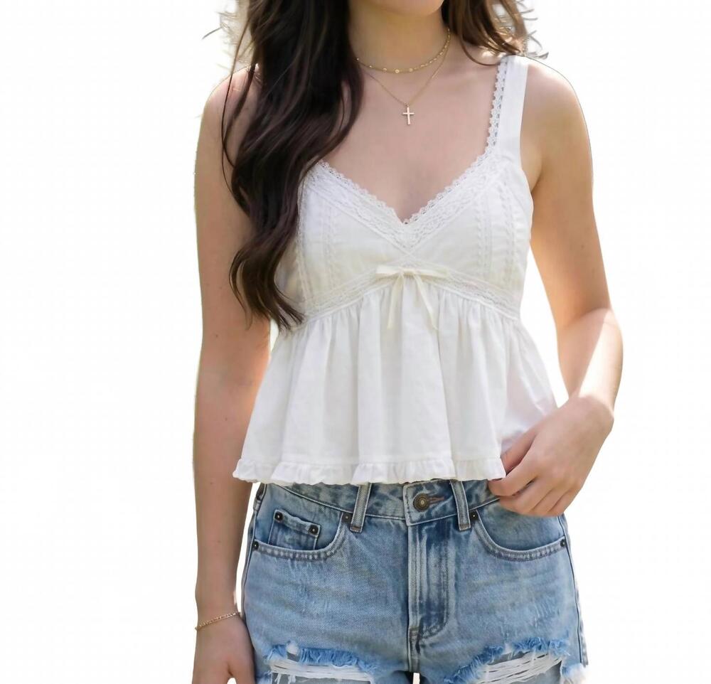 NEW KATIE J NYC women's ilyana intricate lace trim detailing top in white